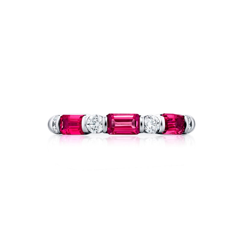 Platinum Emerald-Cut Pink Sapphire and Round Diamond Single-Row East-W ...