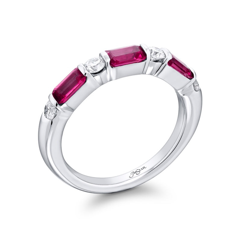 Platinum Emerald-Cut Pink Sapphire and Round Diamond Single-Row East-W ...