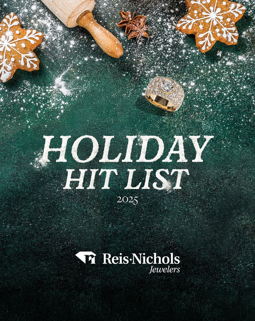 Image of Promotional image for Reis Nichols Jewelers' 'Holiday Hit List 2025' with a ring, gingerbread cookies, and a rolling pin on a dark green background.