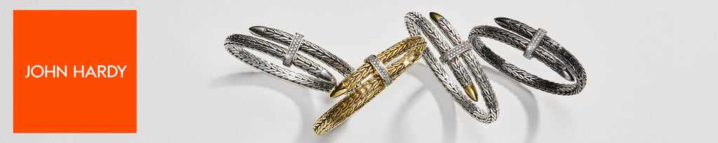 John Hardy jewelry featuring their popular spear bracelets.