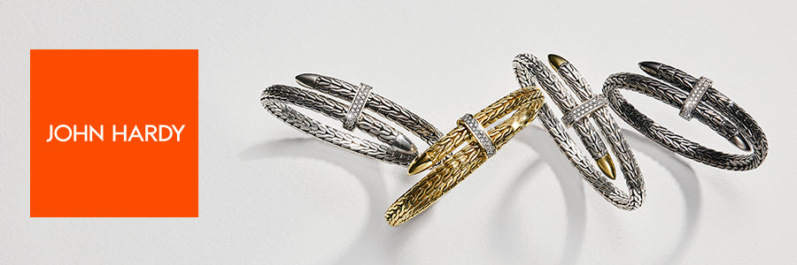 John Hardy jewelry featuring their popular spear bracelets.