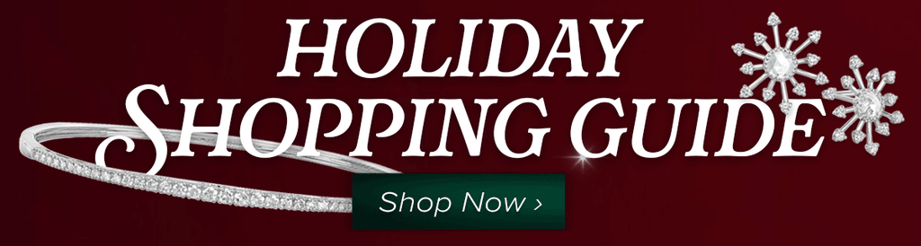 Graphic image with the words "Holiday Shopping Guide" surrounded by white gold earrings and a diamond bangle bracelet. The words "Shop Now" encourage the user to click-through to the full gifting guide.