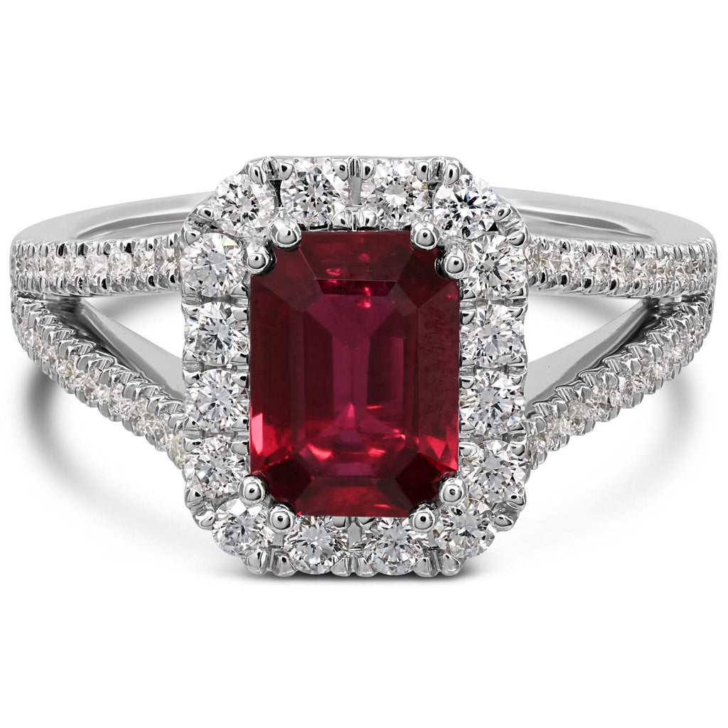 Emerald Cut Ruby & Diamond Halo Split Shank Ring