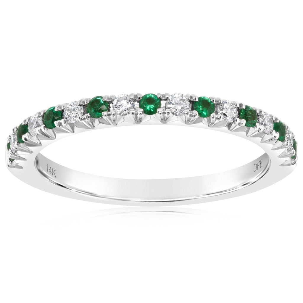 14K White Gold Round Emerald & Diamond Band
