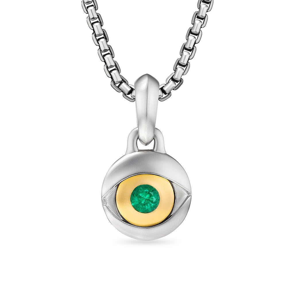 DAVID YURMAN Evil Eye Amulet in Sterling Silver with 18K Yellow Gold and Emerald, 14.5mm