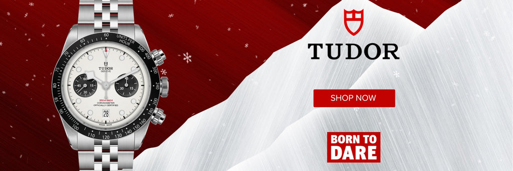 Tudor watch with a red and white mountain background