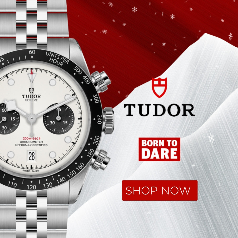 Tudor watch with a red and white background featuring the Tudor logo and 'Born to Dare' slogan.