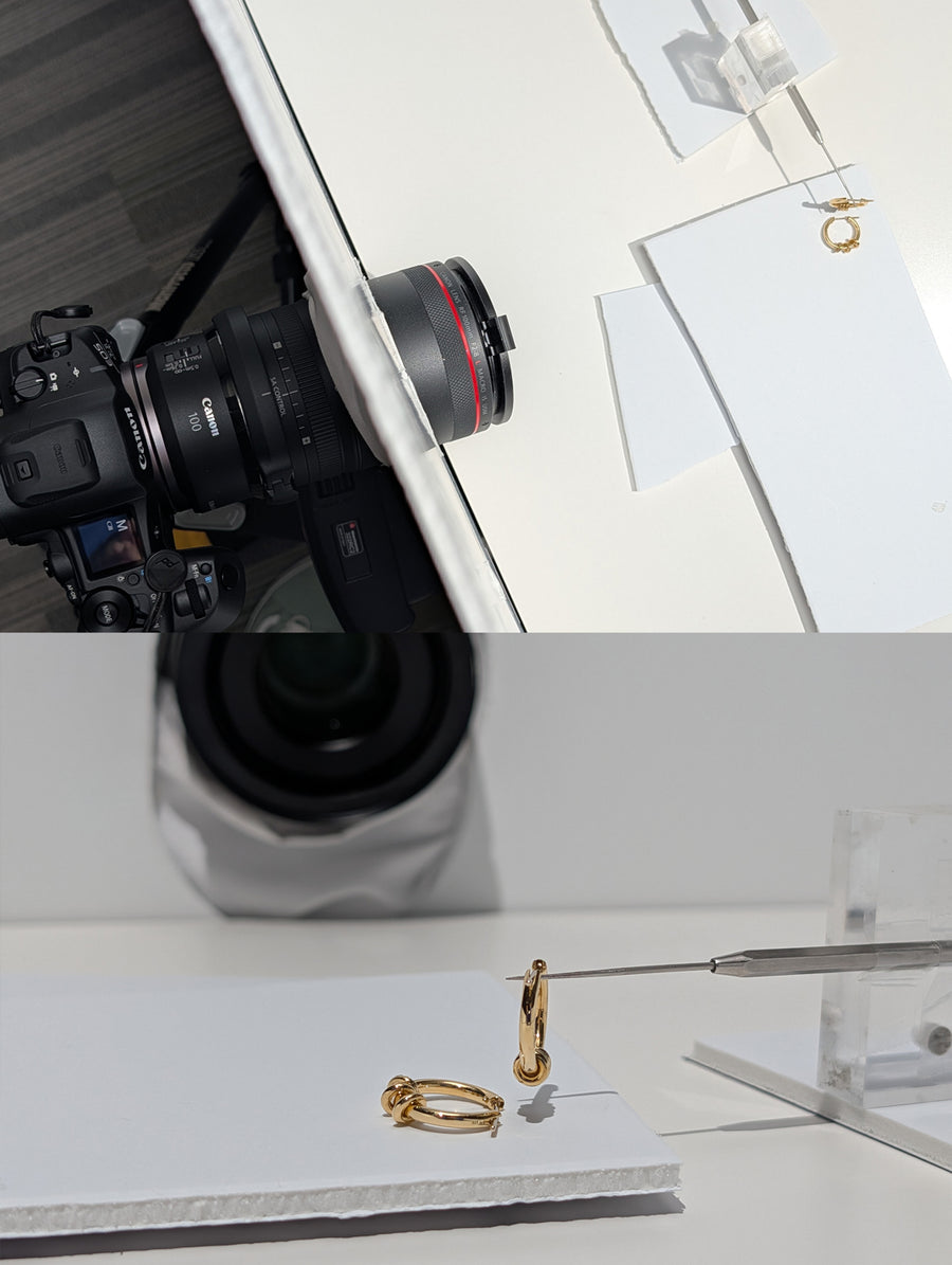 Stacked image depicting the set up of the camera and scene to shoot a pair of Spinelli Kilcollin hoops.
