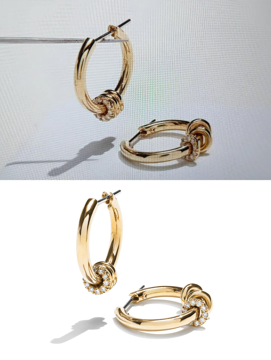 Stacked single photo of a pair of Spinelli Kilcollin hoop earrings. Top image is a screenshot of the camera set up and the bottom is the final product shot in the catalog.