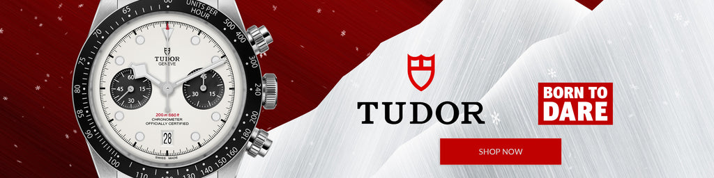 Tudor watch with brand logo and 'Born to Dare' tagline on a red and white background