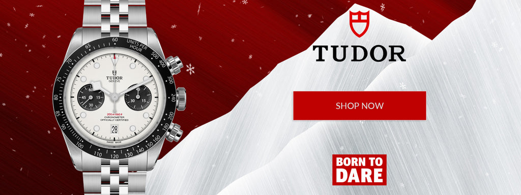 Tudor watch with a red and white background featuring the Tudor logo and 'Born to Dare' slogan.
