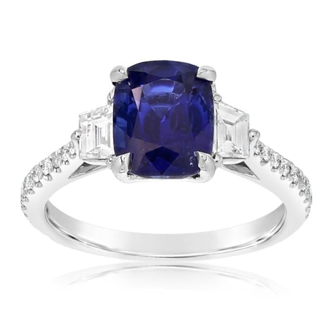 Three Stone Blue Sapphire and Diamond Ring with Accents | Angara